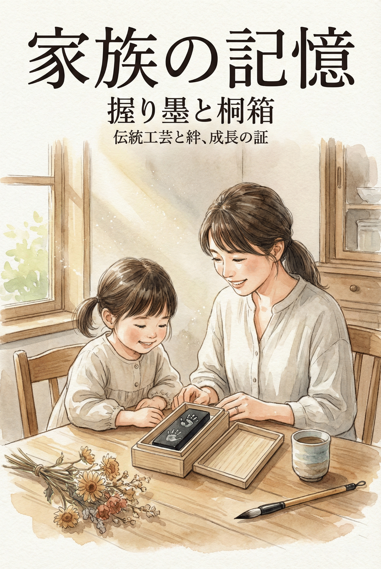 A parent and child smiling as they look at their nigiri-sumi ink stick in its paulownia box, fingerprints clearly visible