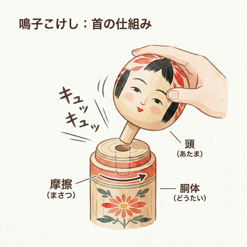 An illustration explaining the press-fit structure that makes the neck of a Naruko kokeshi squeak when rotated