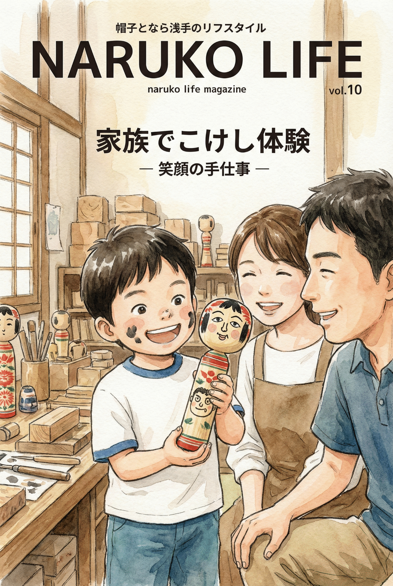 A child proudly showing off their slightly lopsided but adorable kokeshi, with the family laughing alongside them