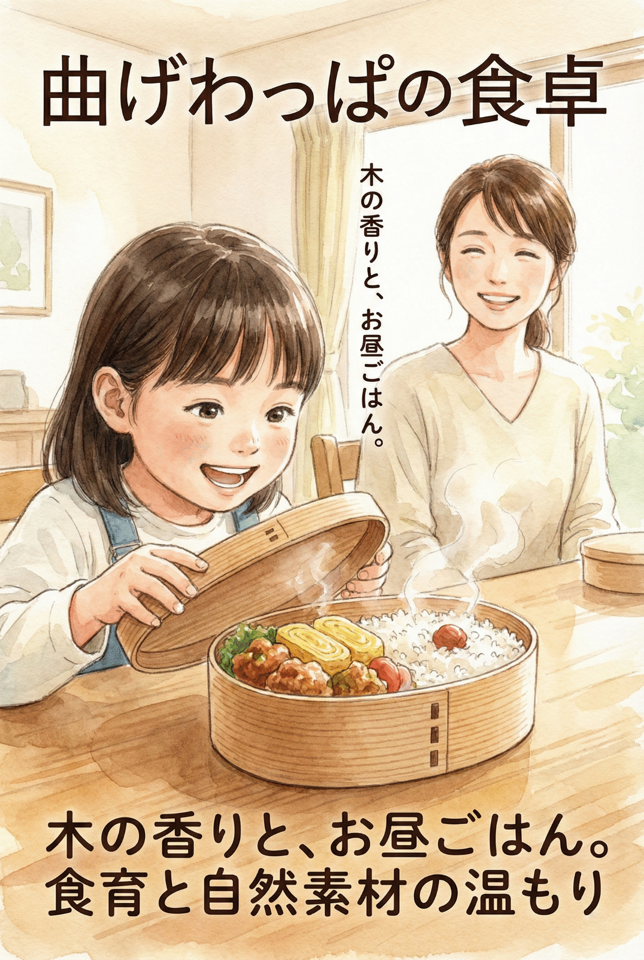 A handmade magewappa filled with a delicious-looking bento and a smiling parent and child