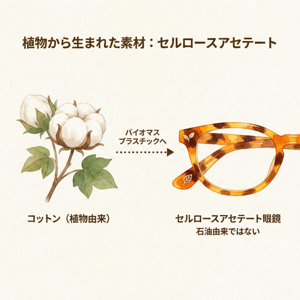 An illustration showing how colorful eyeglass frames are made from cotton plants