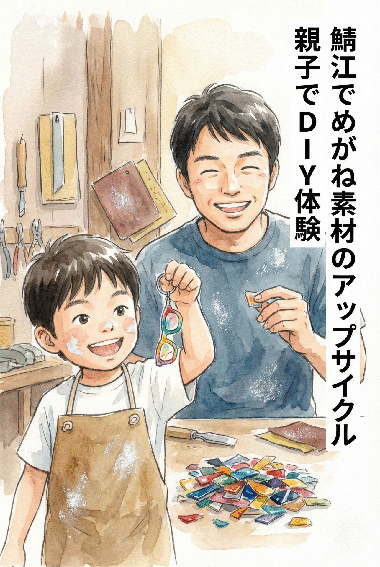 A parent and child showing each other their brilliantly polished marbled eyeglass-pattern keychains