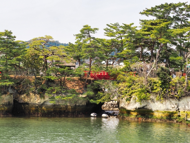 The historic Godaido hall and sukashi-bashi (see-through bridge) floating in Matsushima Bay