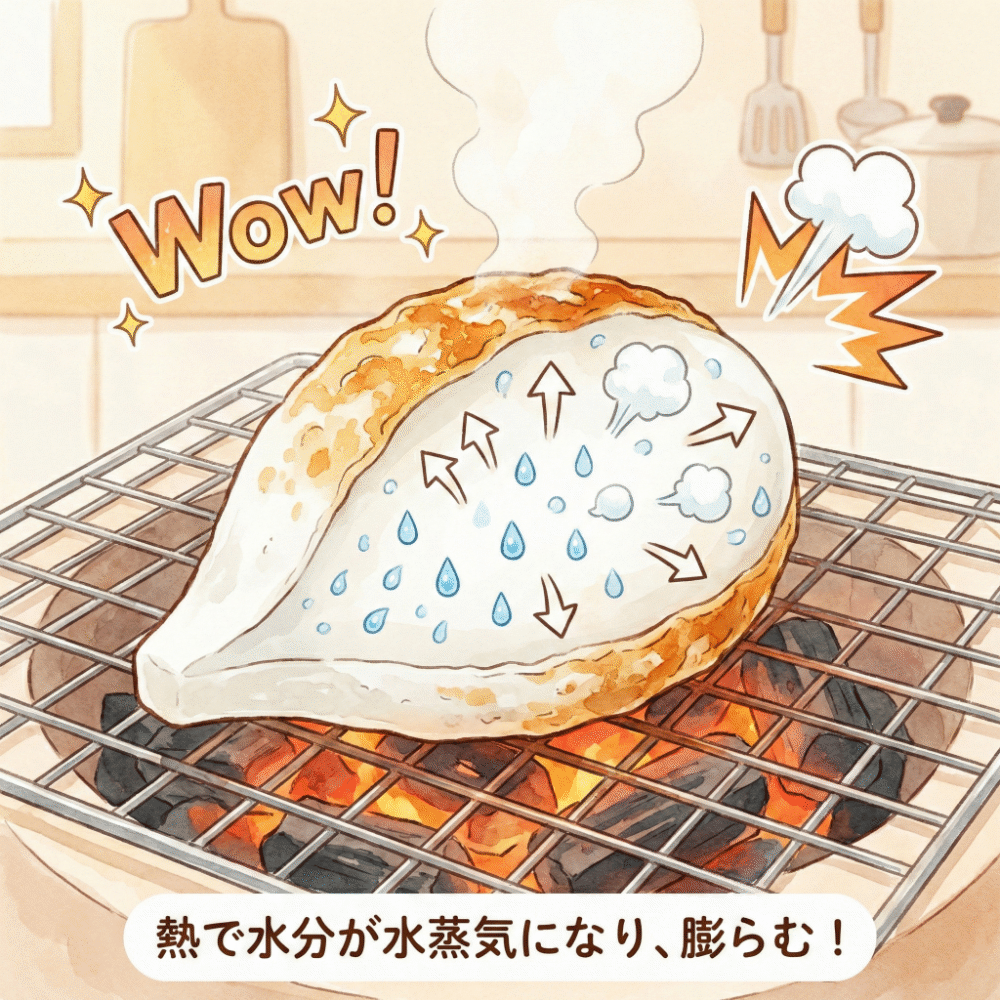 Illustration explaining how moisture inside fish surimi turns to steam with heat and causes kamaboko to puff up