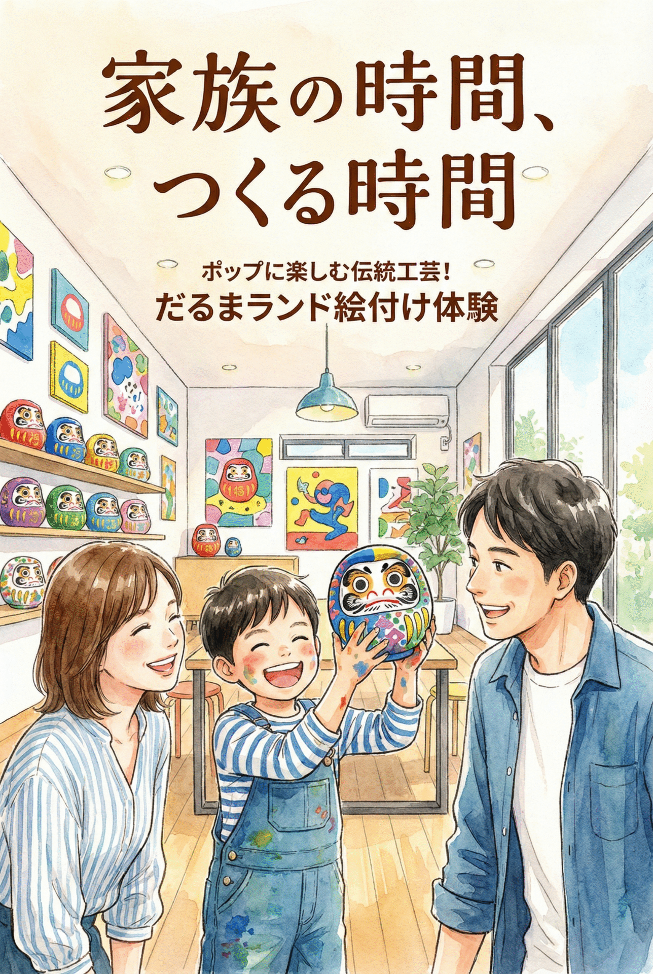 A happy child holding their completed colorful original daruma while a parent looks on proudly