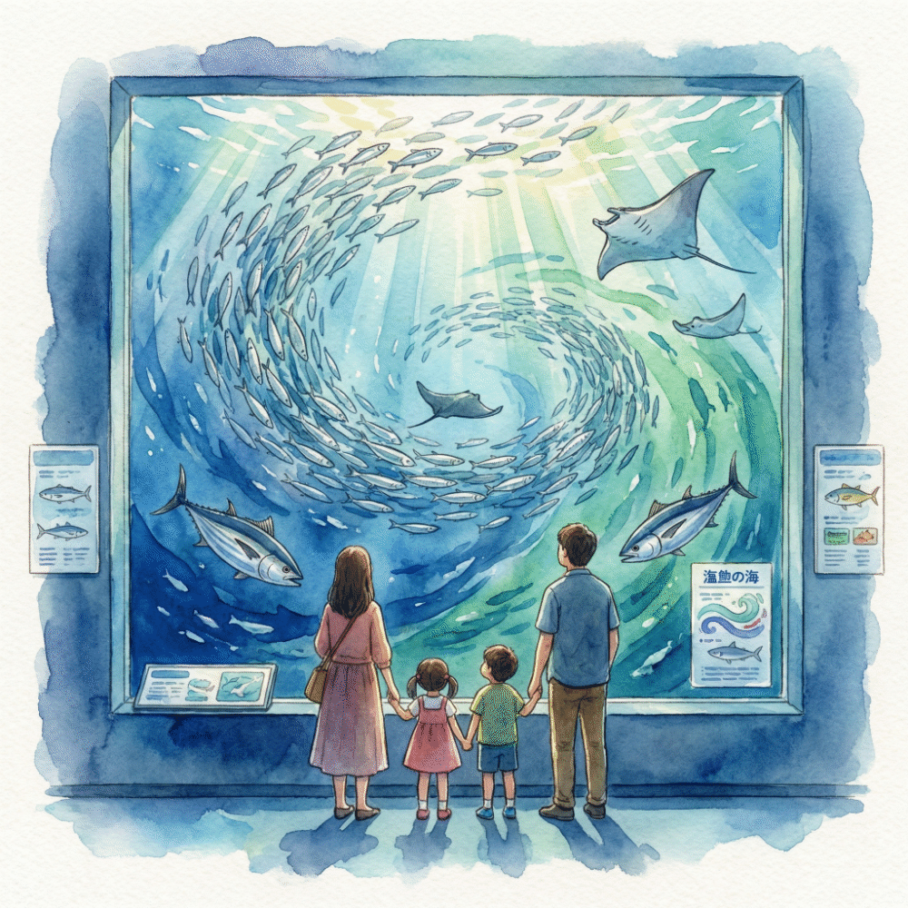 A child observing fish in front of the massive ocean current tank at Aquamarine Fukushima