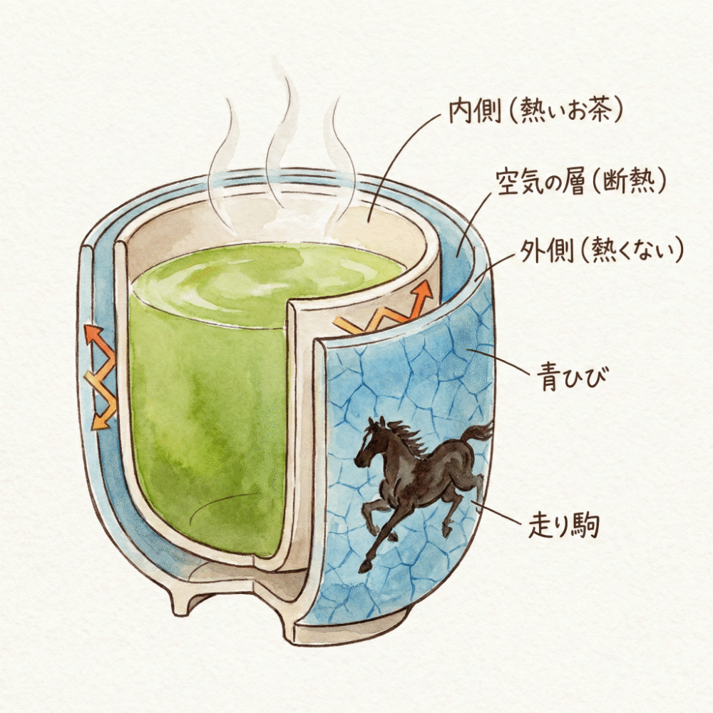 Illustrated diagram explaining the double-wall structure, blue crackle pattern, and running horse motif of Oobori Soma Ware