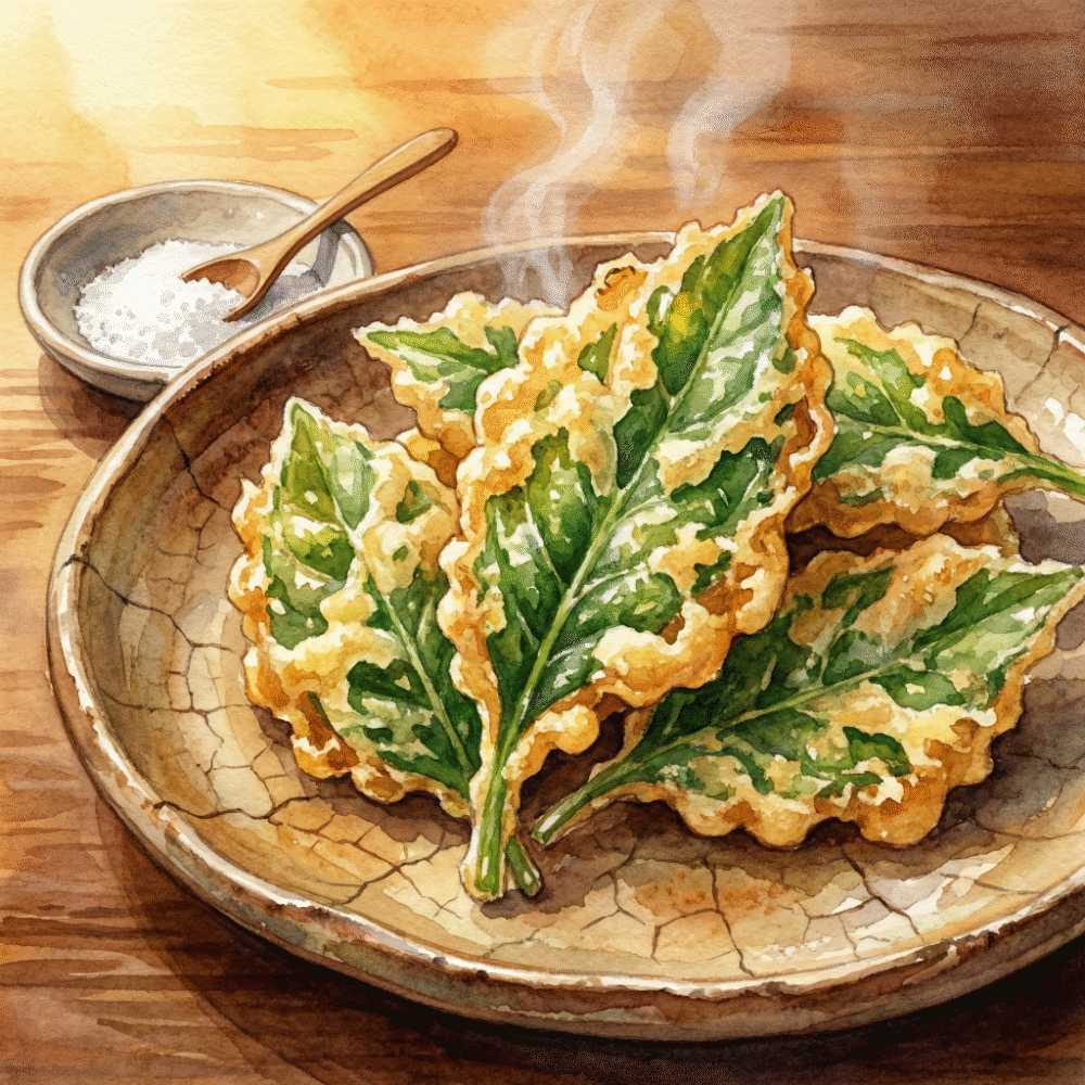 Illustration of crispy tempura made from tea leaves