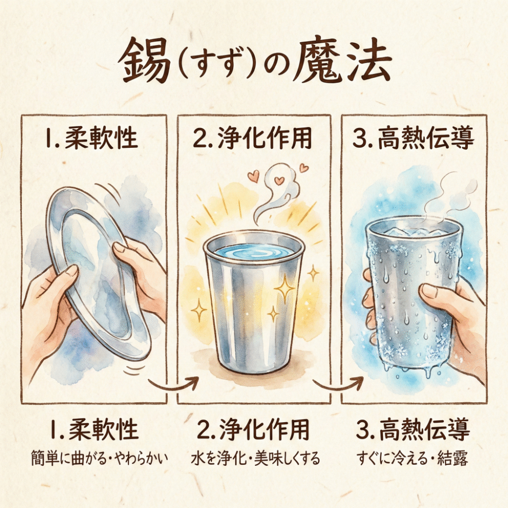 An illustrated diagram explaining tin's three magical properties: soft enough to bend by hand, purifying effect that mellows water, and thermal conductivity that chills drinks