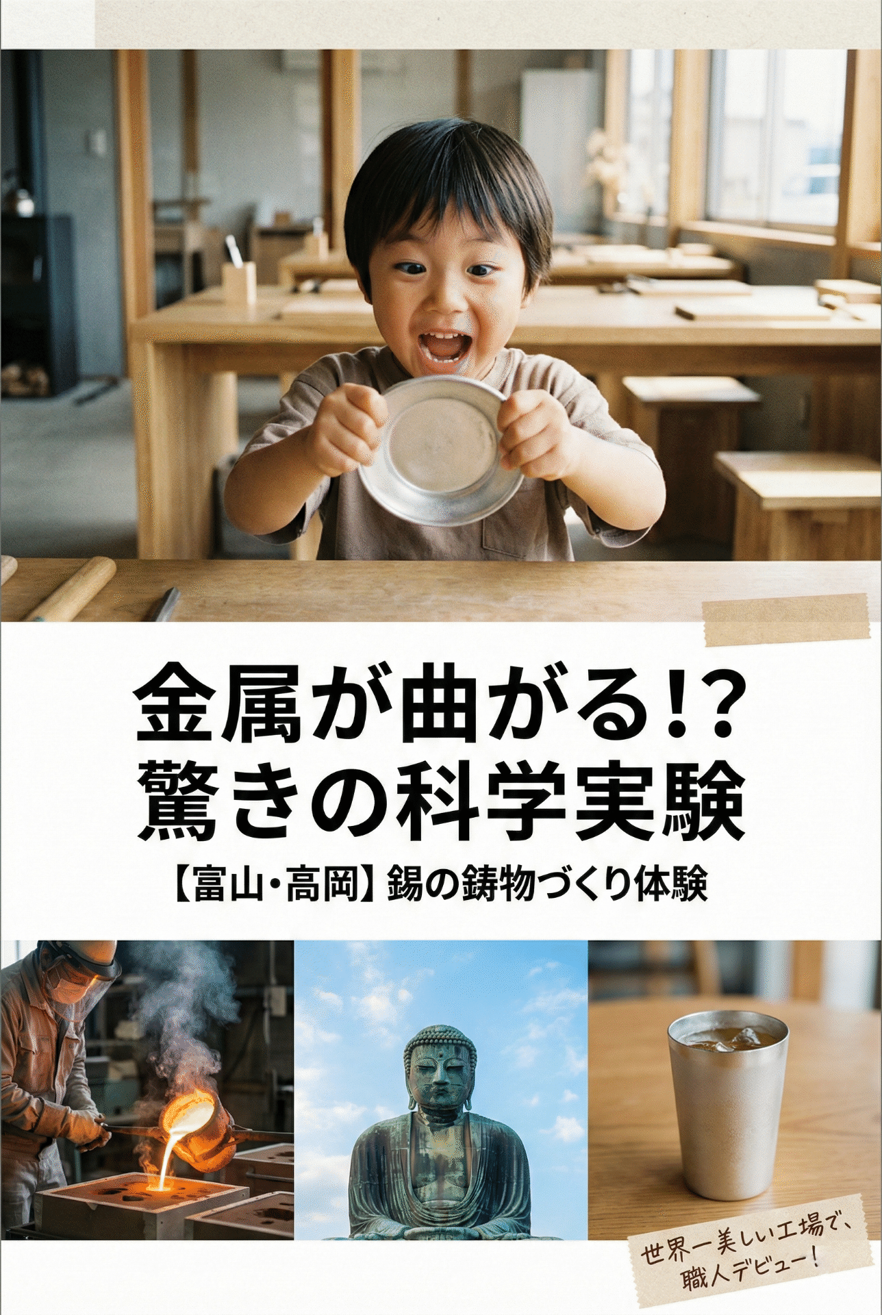 A child holding the finished tin plate in both hands, laughing in surprise as they bend it with their own strength
