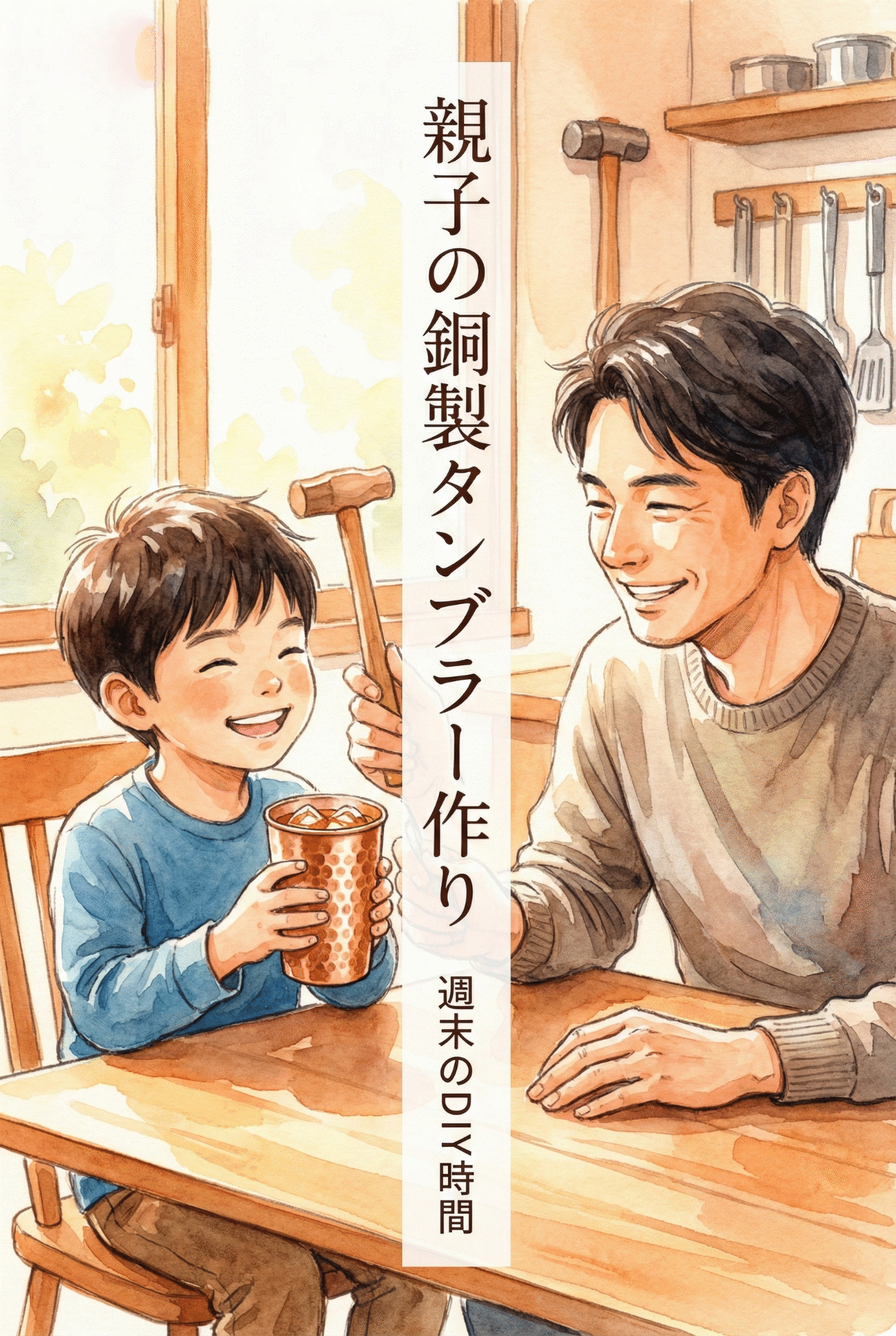 A parent and child smiling and drinking barley tea from a shiny pure copper tumbler covered in hammered tsuchime bumps