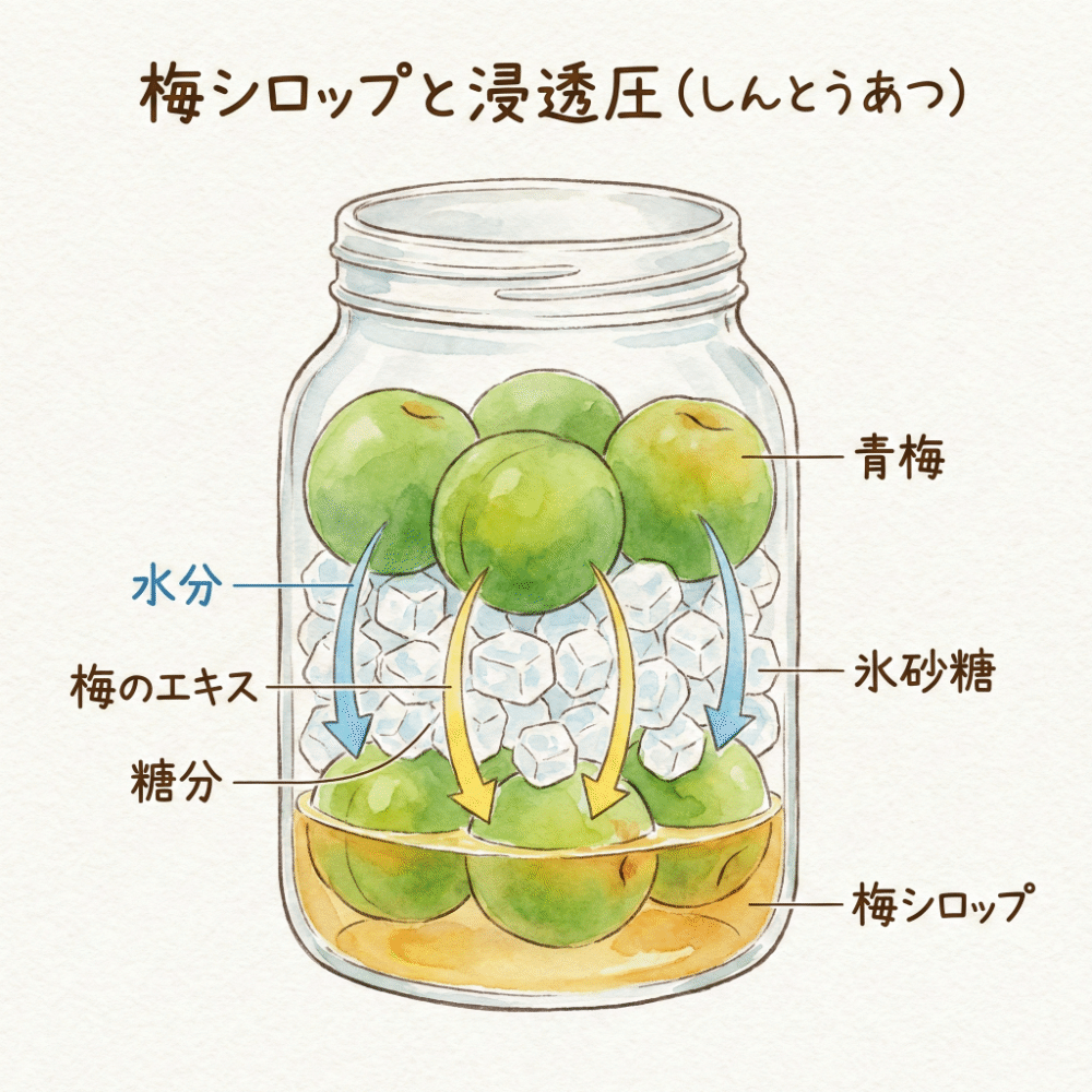 An illustrated diagram explaining how osmosis from rock sugar draws moisture (extract) out of the plum, creating syrup