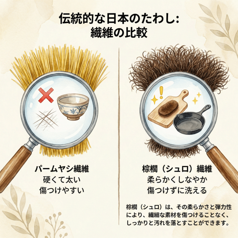 Illustration showing the difference between a stiff palm scrubber and a soft, supple shuro scrubber
