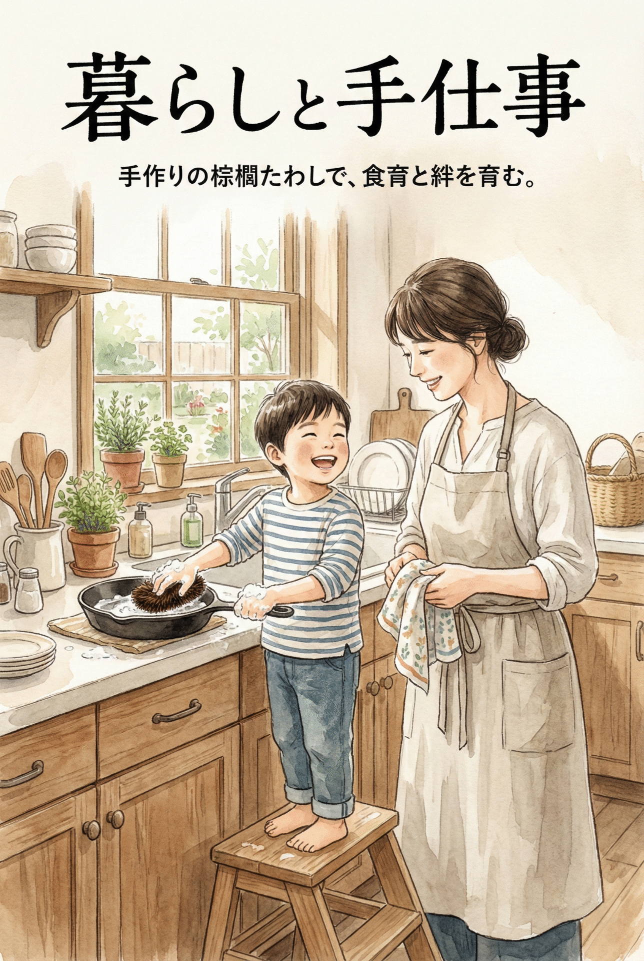 A child proudly washing dishes with the shuro scrubber they chose themselves, watched by a parent