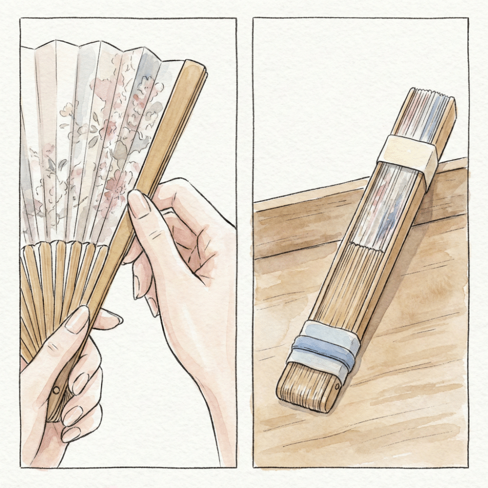 Correct technique for opening a fan — pressing the outer rib with the thumb (left) and a closed fan stored with the paper closing band at its tip (right)