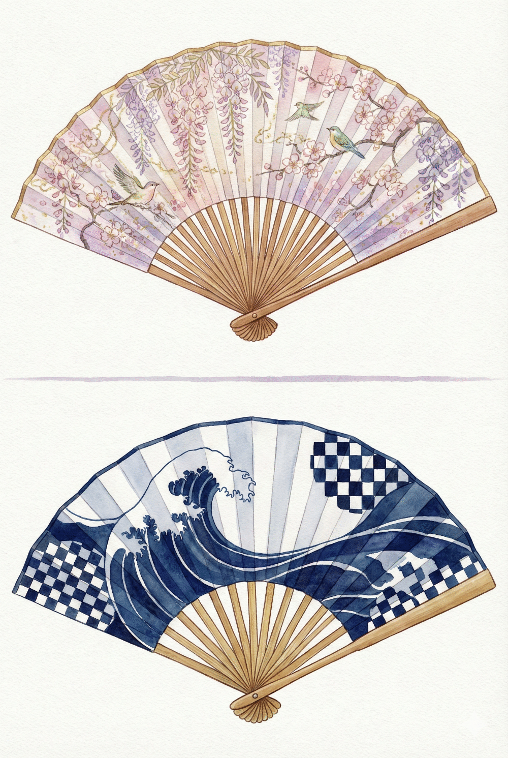 Comparison of a Kyo-sensu with many ribs and intricate floral design (left) against an Edo-sensu with fewer thick ribs and bold graphic pattern (right)