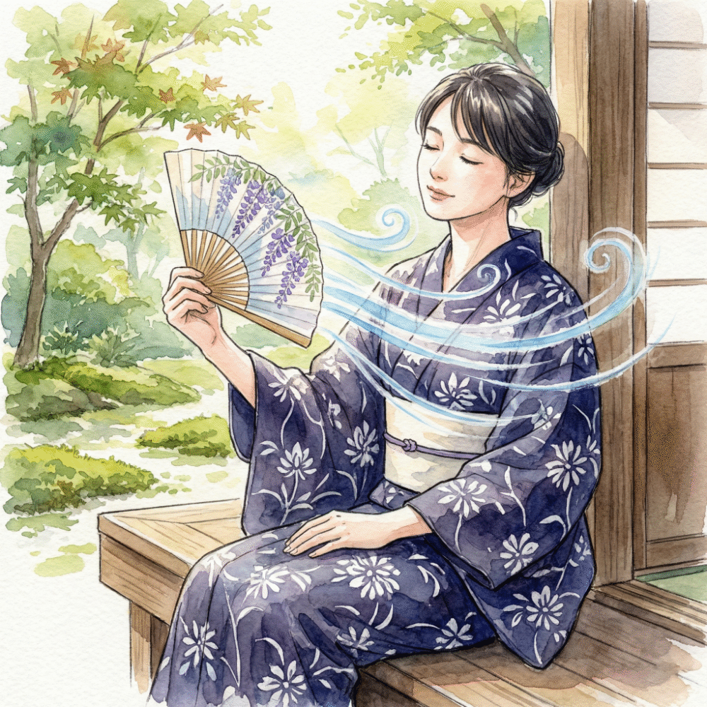 A woman in a summer yukata fanning herself slowly and elegantly with a Kyo-sensu