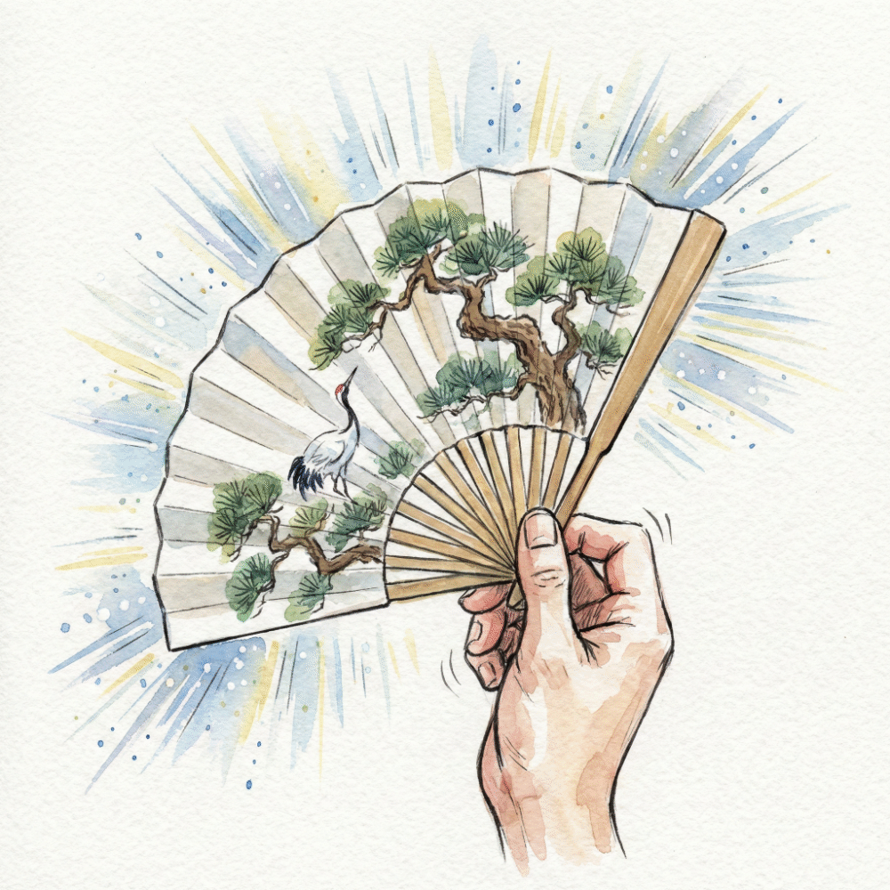 A washi paper fan being snapped open, with the crisp opening motion illustrated