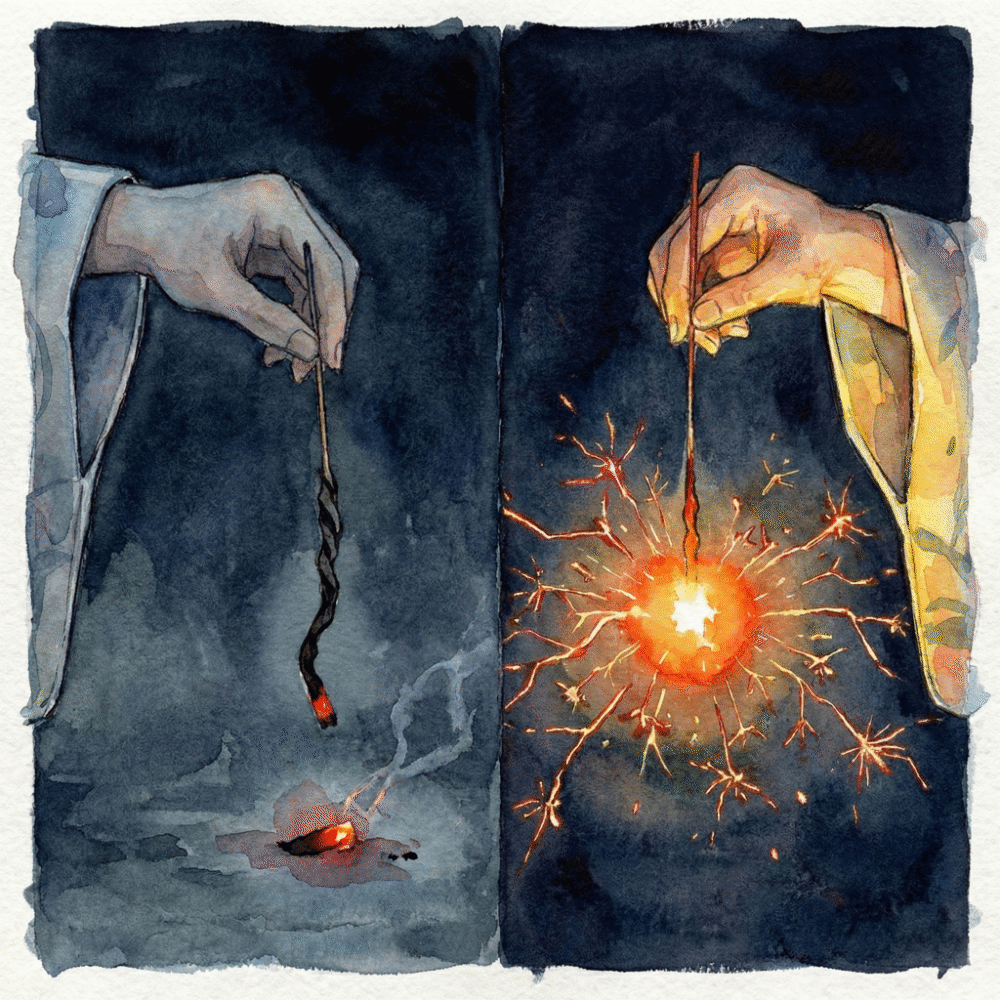 Comparison illustration: an imported sparkler with its fireball dropping mid-burn versus a Japanese domestic sparkler burning beautifully to the end