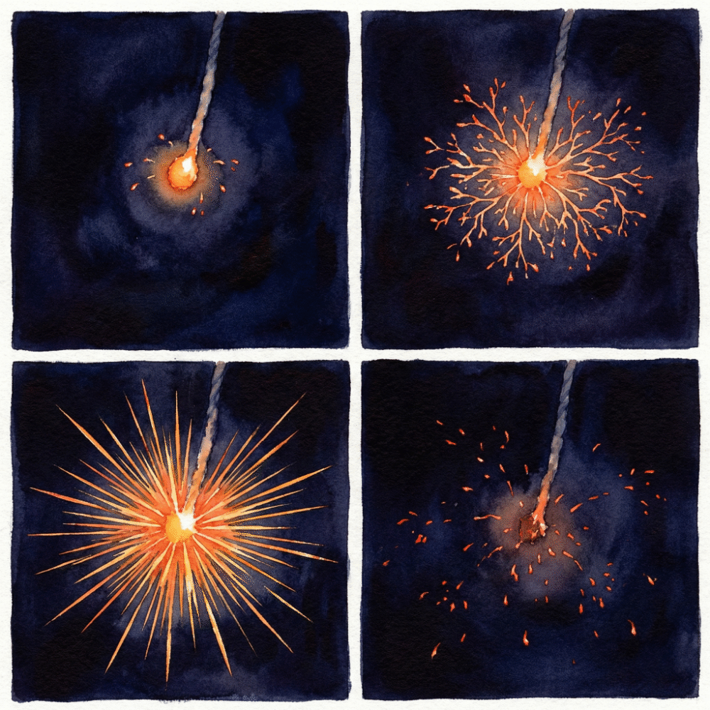 Diagram illustrating the four stages of a senko hanabi sparkler: tsubomi (bud), botan (peony), matsuba (pine needles), chiri-giku (scattered chrysanthemum)