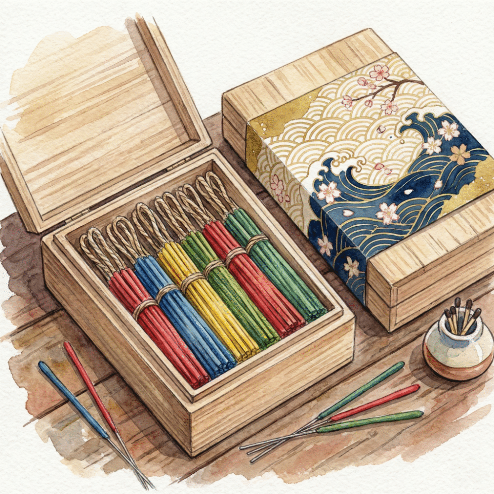 Illustration of premium senko hanabi in a paulownia gift box alongside a stylish washi-paper handheld fireworks set