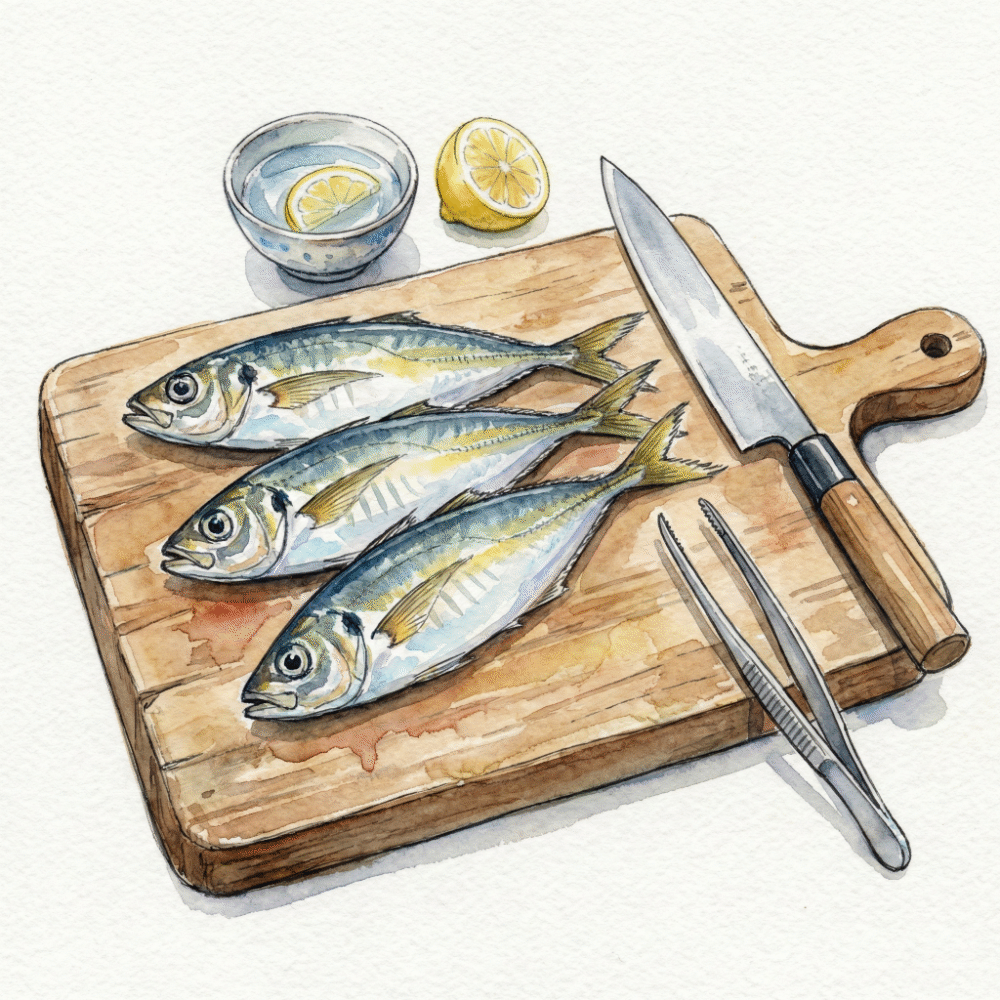 Illustration of fresh horse mackerel on a cutting board alongside a fishing knife and bone tweezers