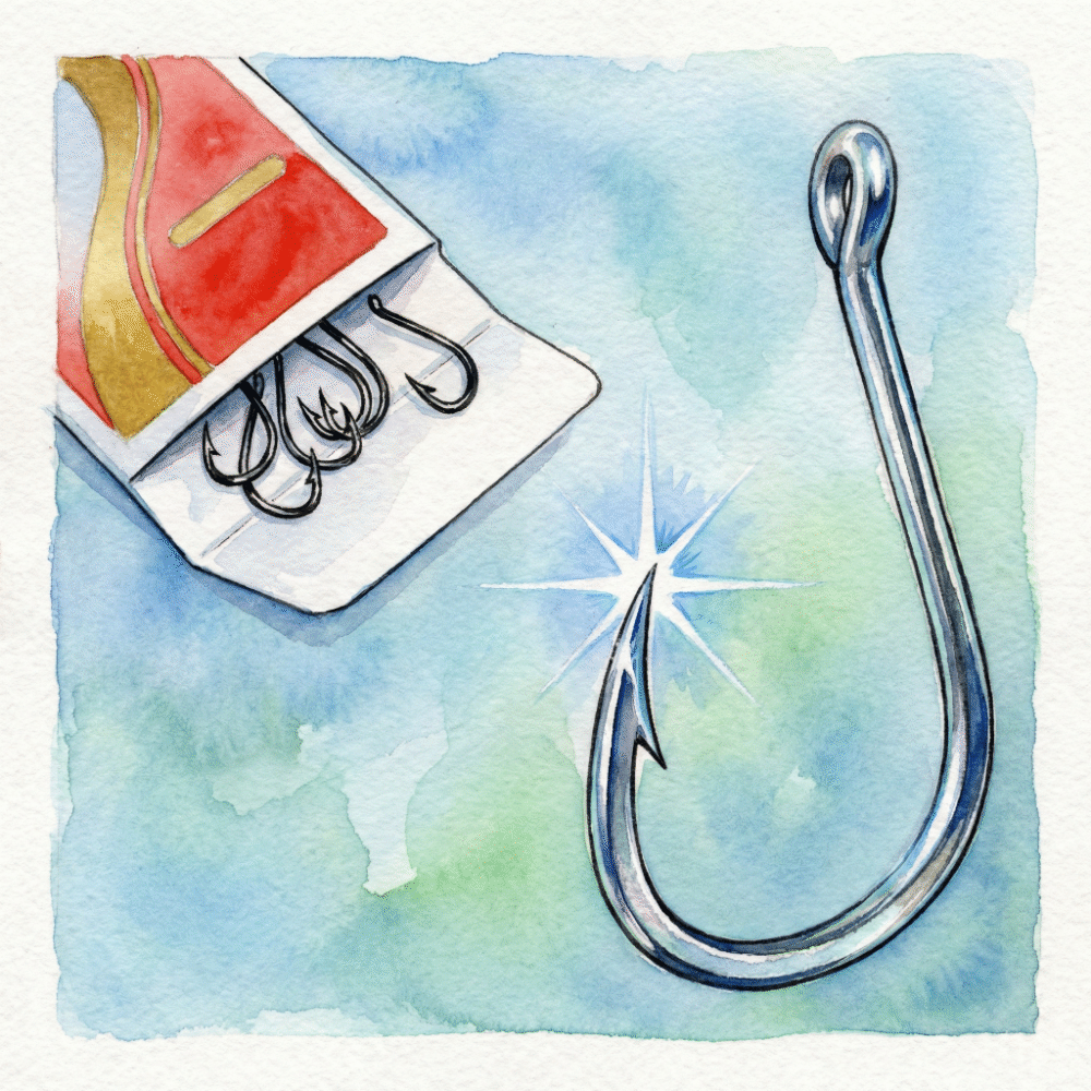 Illustration of Gamakatsu hook packaging next to a close-up diagram of a chemically sharpened hook point