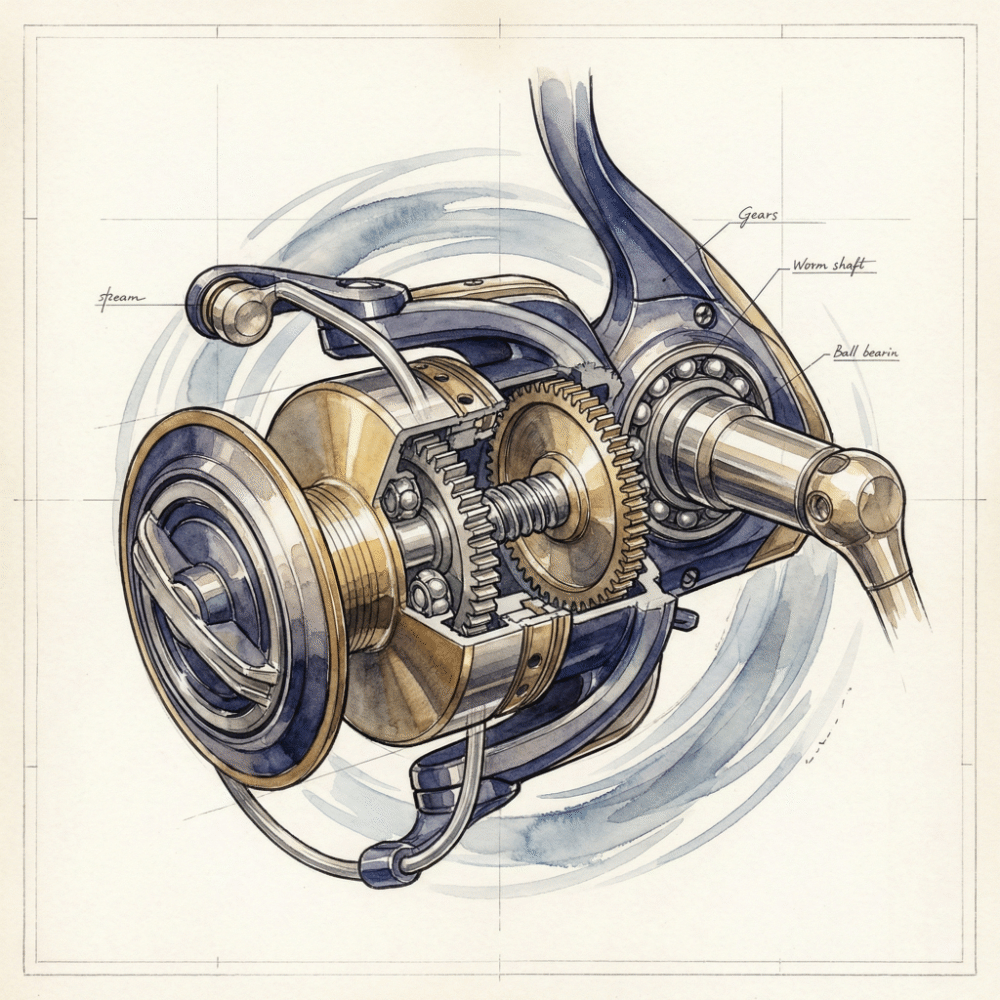Illustration of the internal gear mechanism of a fishing reel, showing precisely meshed metal gears