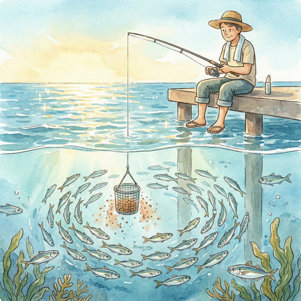 Illustration of an adult enjoying sabiki fishing on a sunny pier, with krill bait attracting fish from the cage