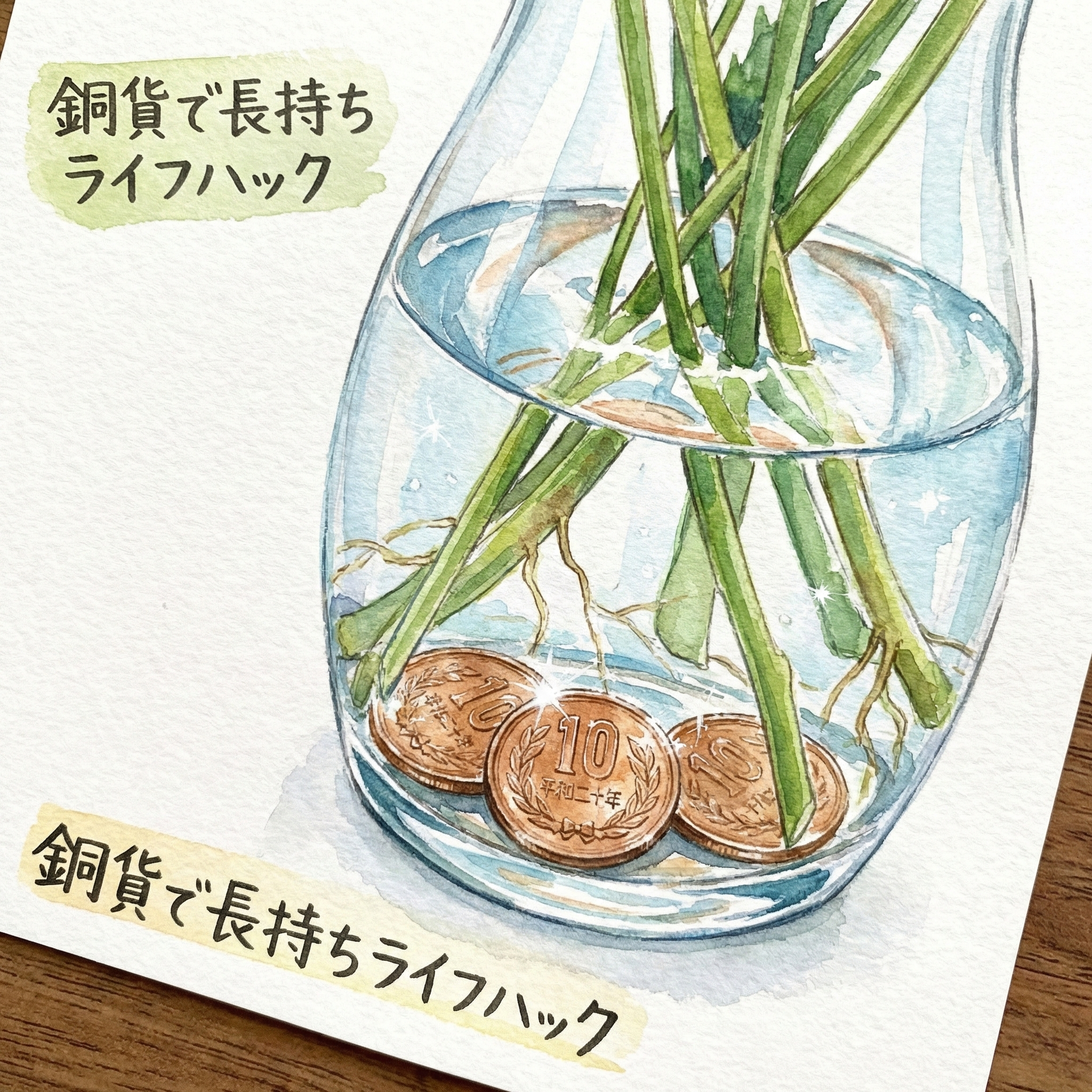 Illustration of 10-yen coins placed in the bottom of a glass vase to release copper ions and extend flower life