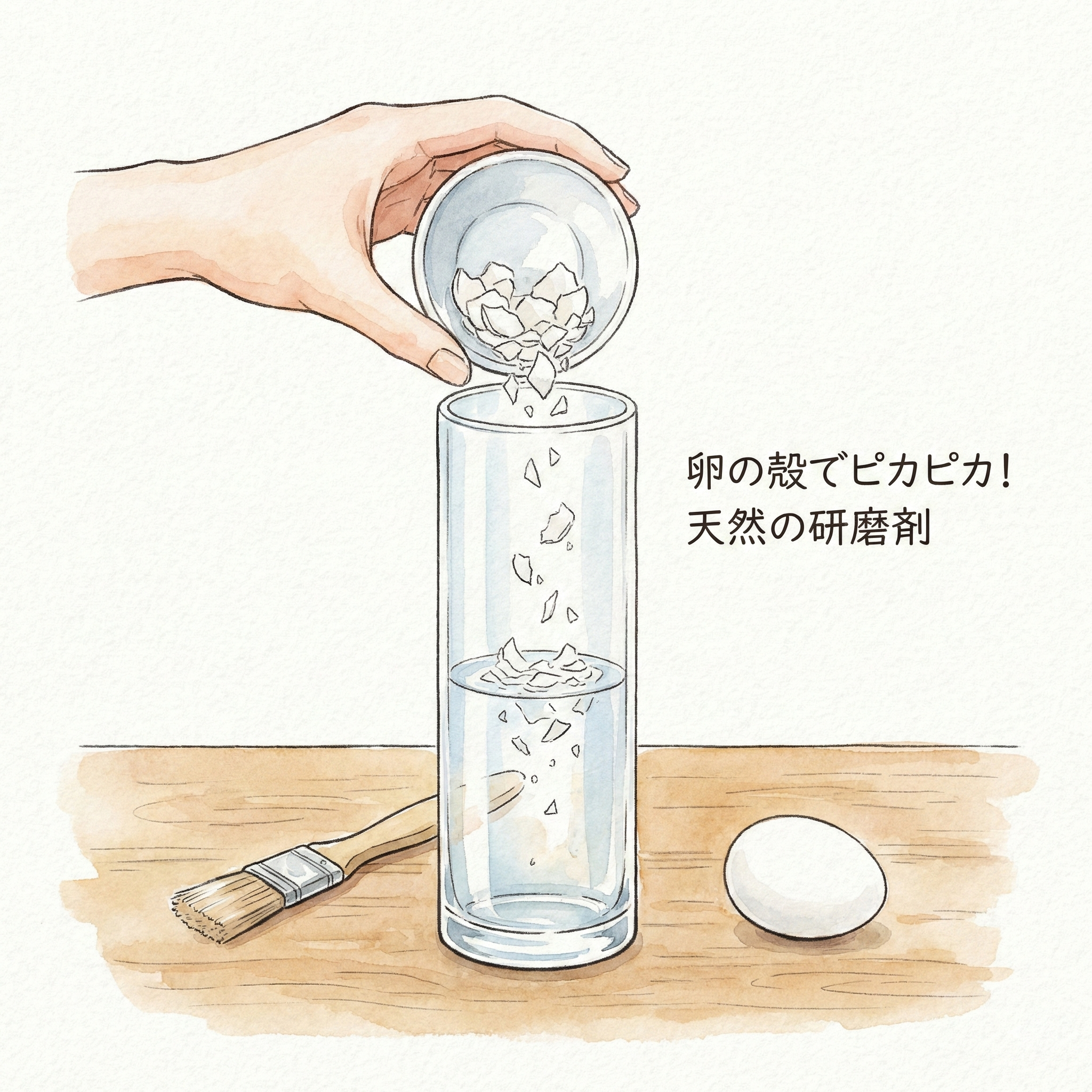 Illustration of crushed eggshell and water inside a narrow vase being shaken to clean the interior