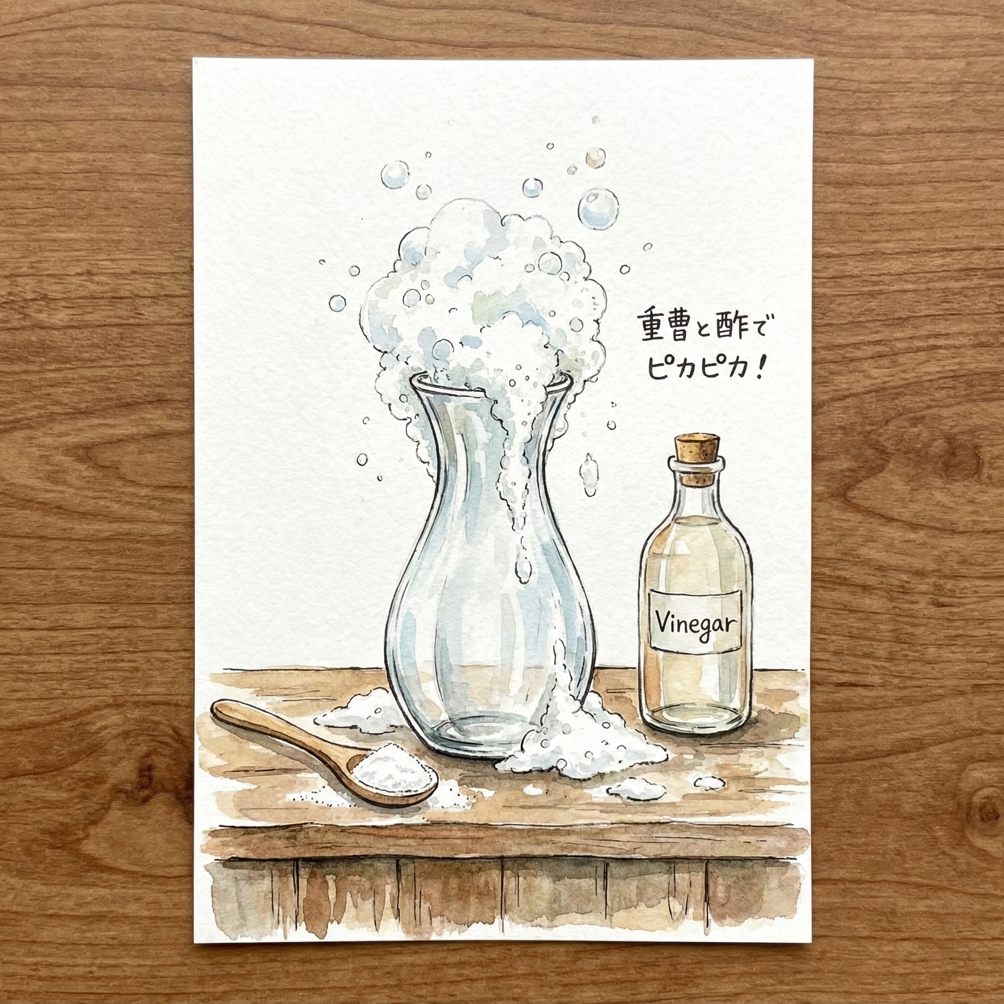 Illustration of baking soda and vinegar fizzing inside a narrow vase to loosen interior residue