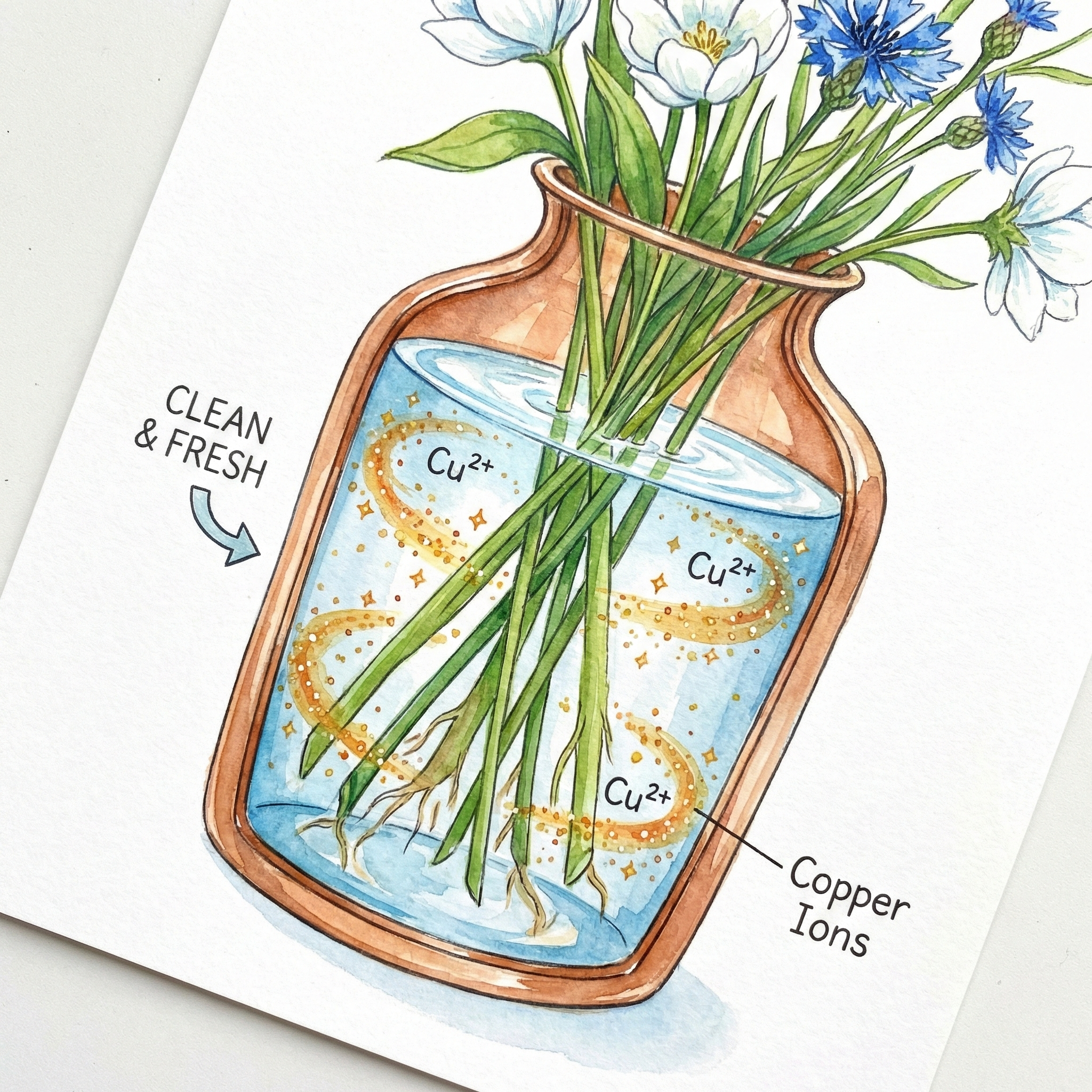 Illustration showing copper ions releasing into water and inhibiting bacterial growth inside a copper vase
