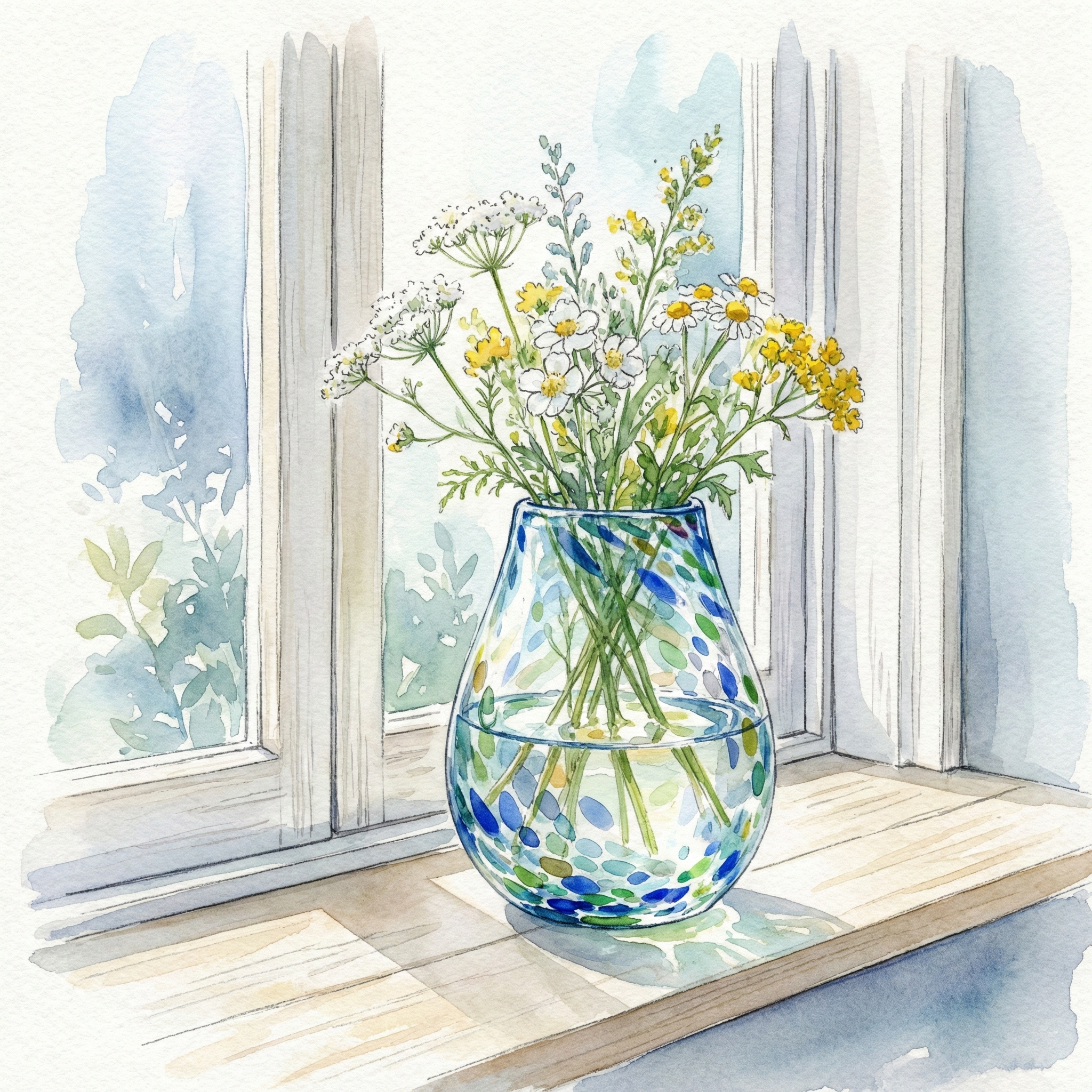 Illustration of a Tsugaru Vidro glass vase placed in a window, with light passing through and the stem visible in the water