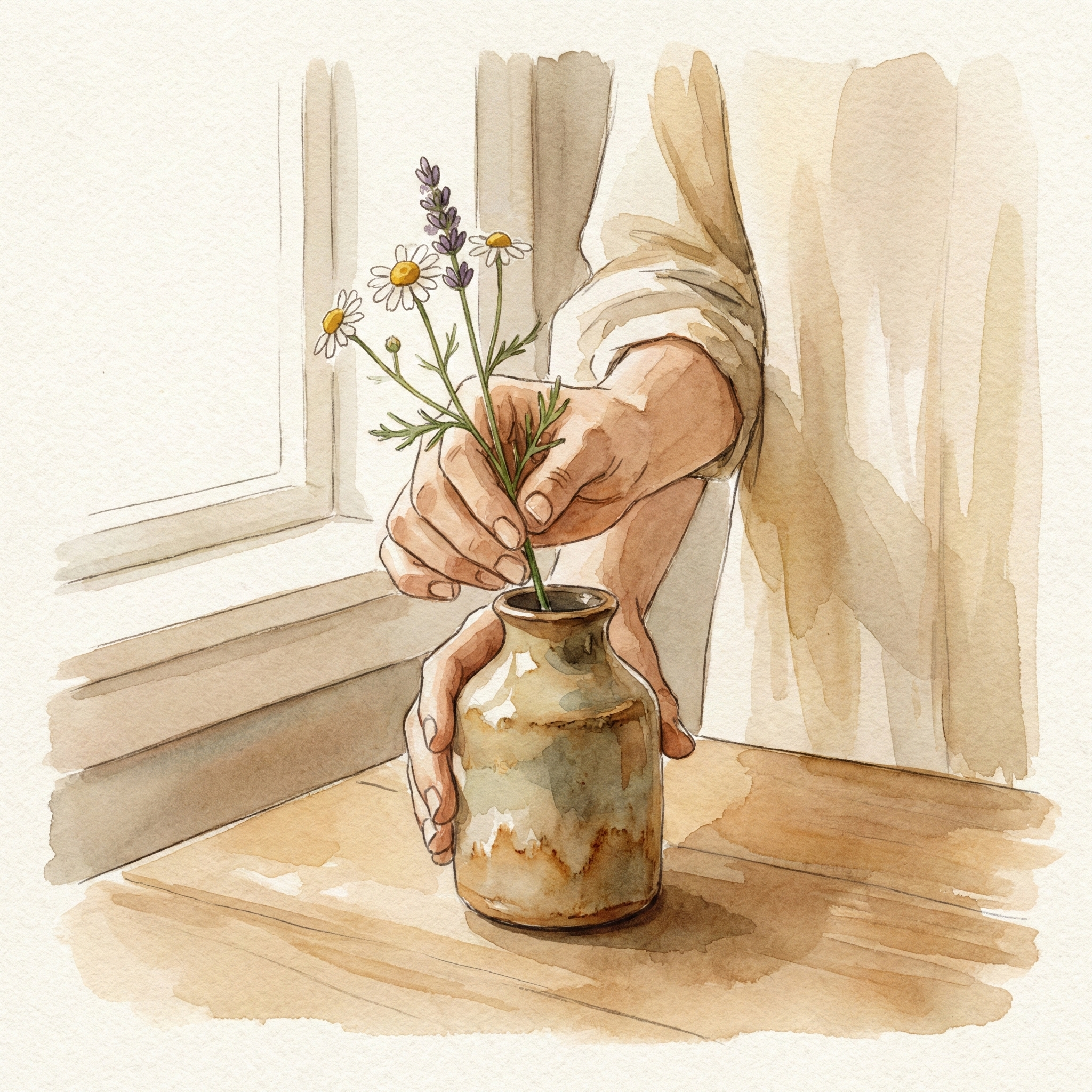 Illustration of hands placing a single garden wildflower into a Japanese single-stem vase
