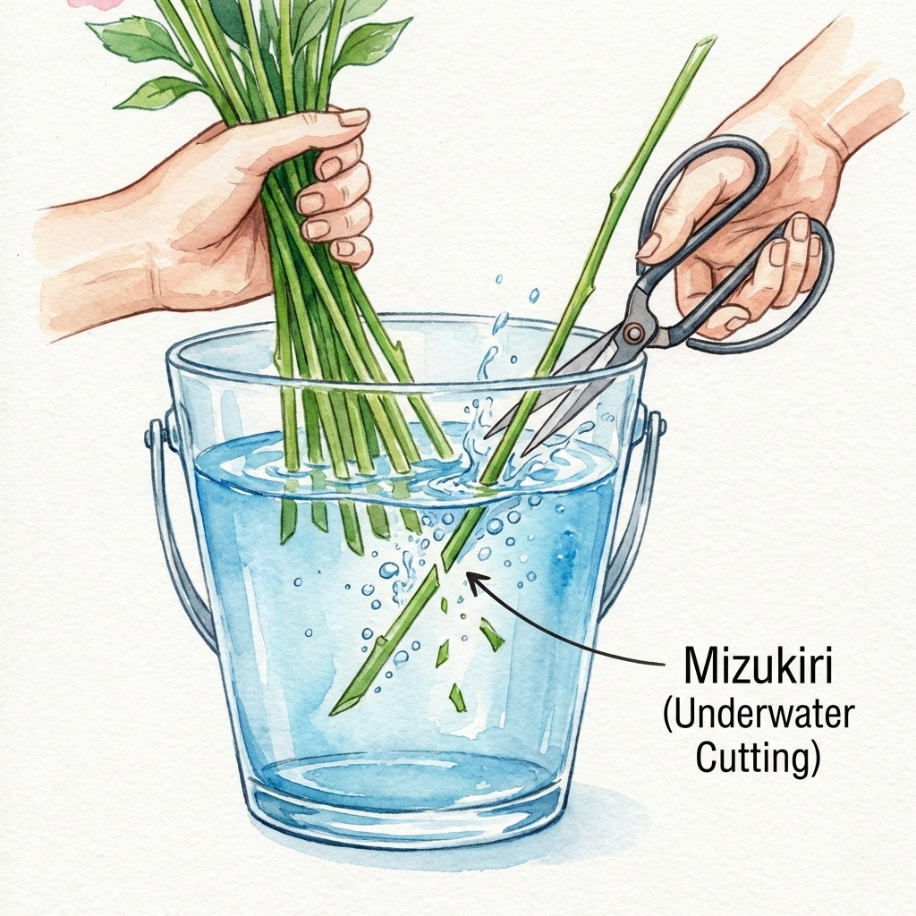 Illustration of scissors cutting a flower stem underwater in a bucket — the mizukiri technique