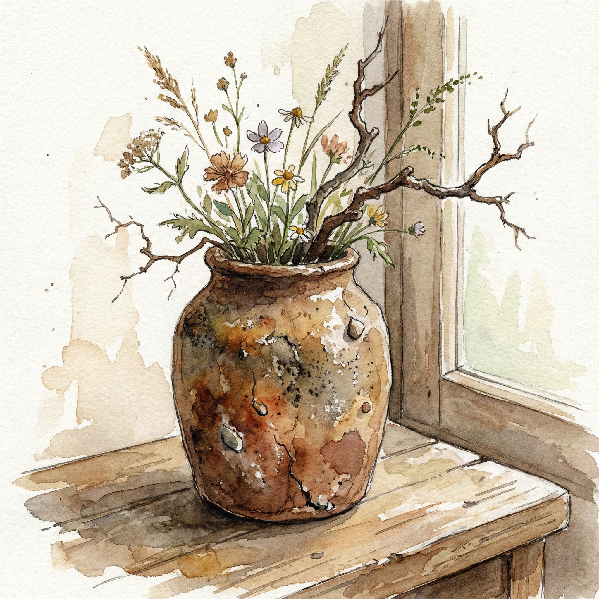 Illustration of a Shigaraki pottery vase with rough earth-textured surface displaying a simple wildflower