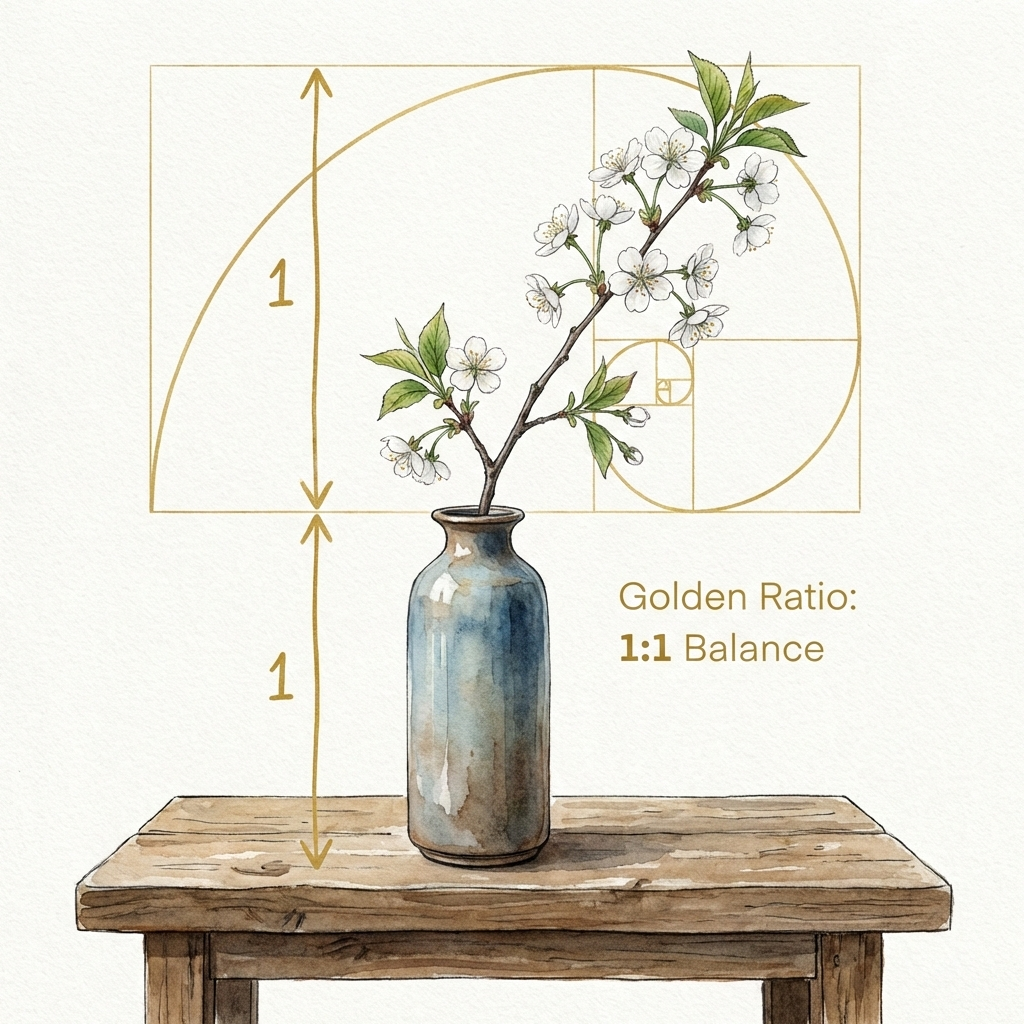 Diagram illustrating the 1:1 golden ratio of vase height to flower height above the rim