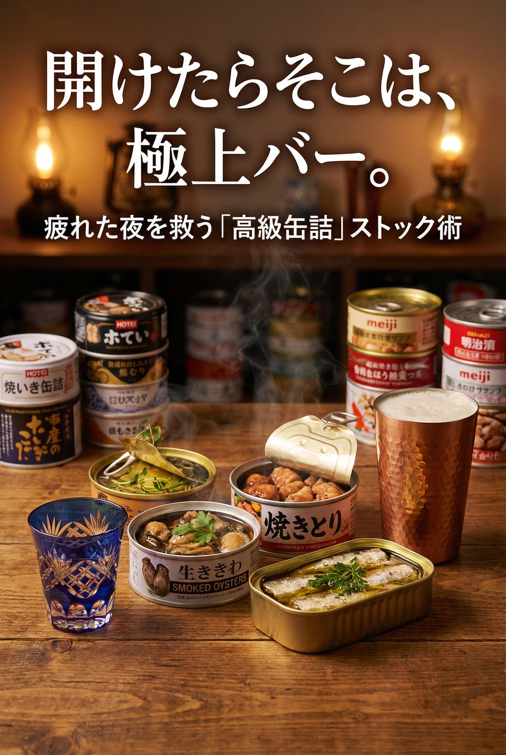 Premium Japanese canned foods arranged on a table beside sake