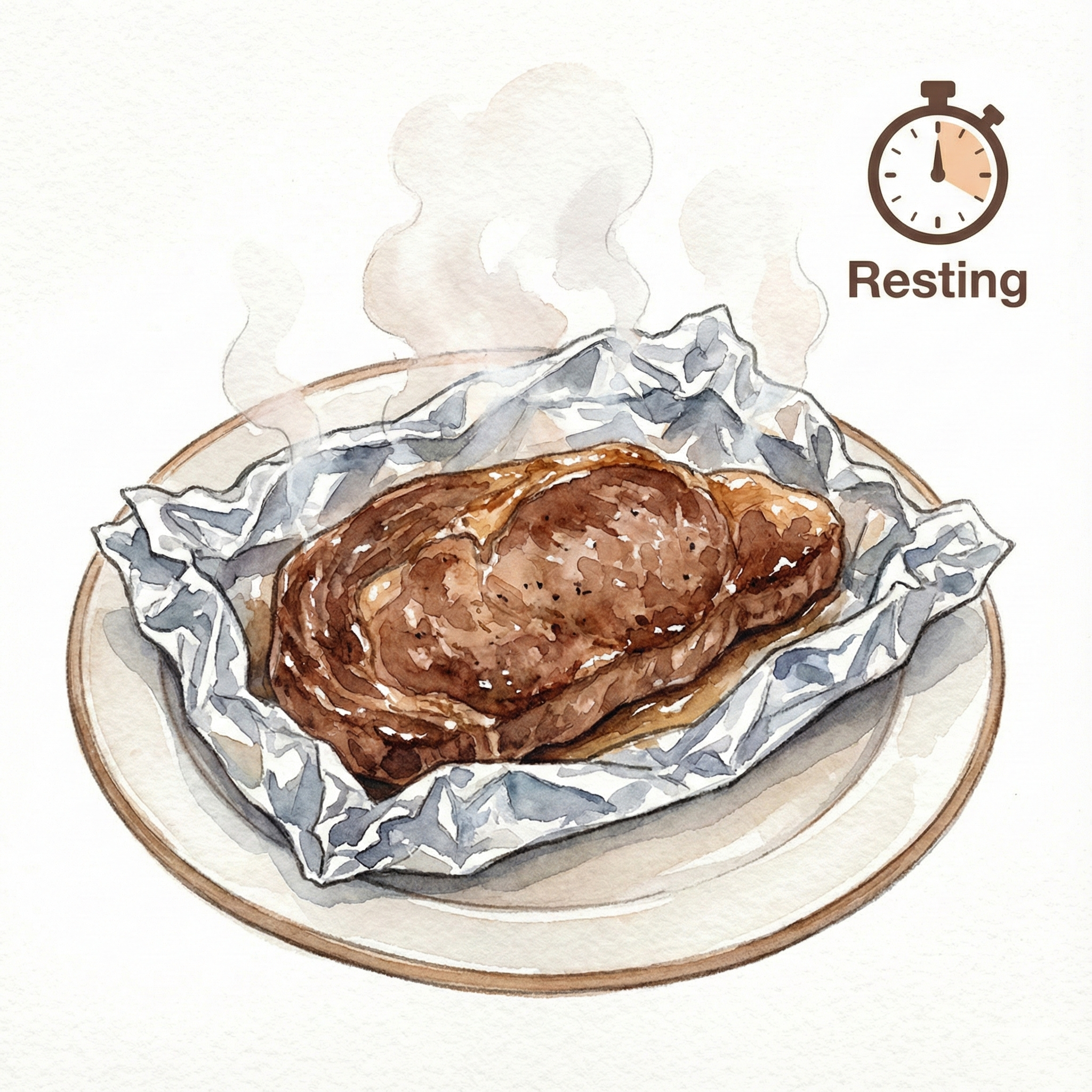 Illustration of a steak resting wrapped in aluminum foil after cooking