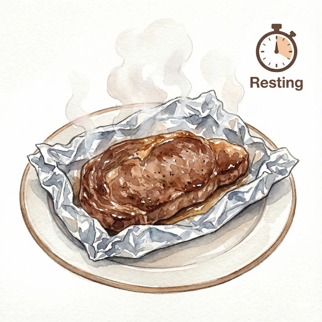 Illustration of a steak resting wrapped in aluminum foil after cooking