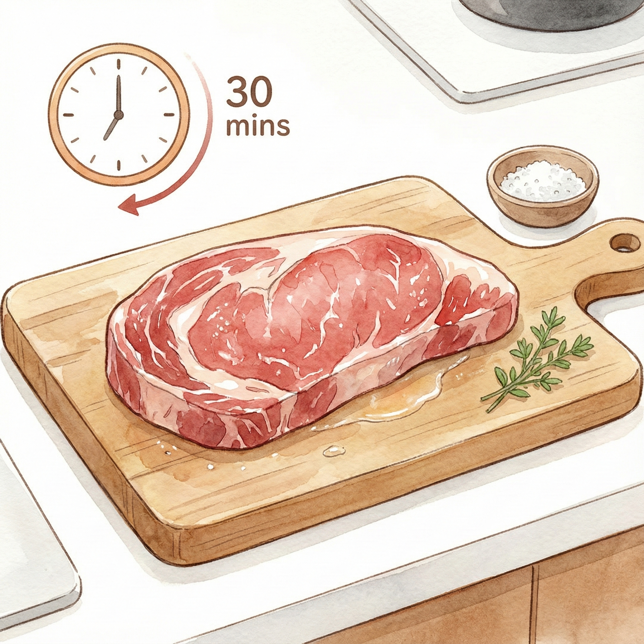Illustration of steak resting at room temperature before cooking