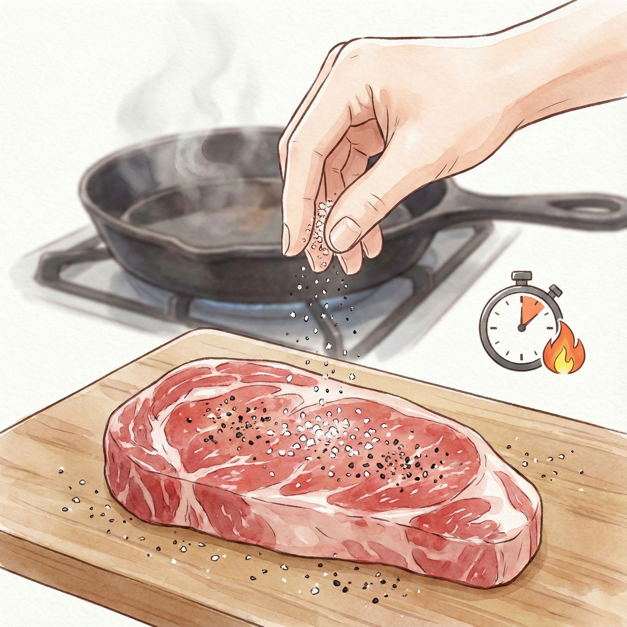 Illustration of seasoning the steak just before placing it in the pan