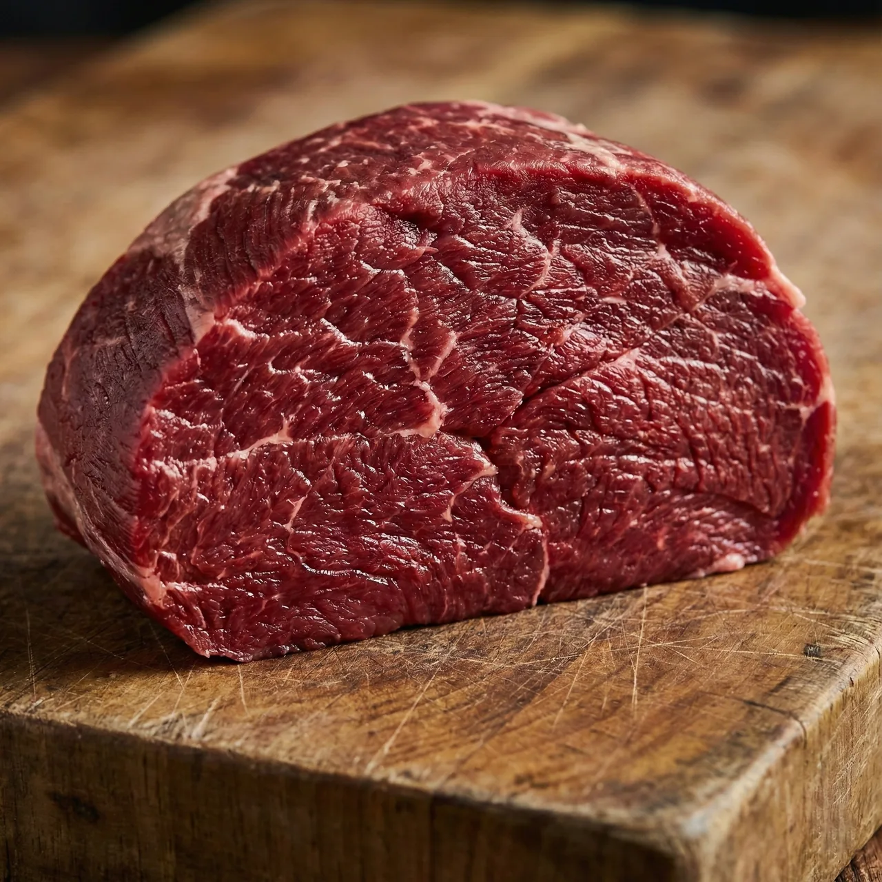 Raw round steak showing firm, well-defined lean muscle fibers