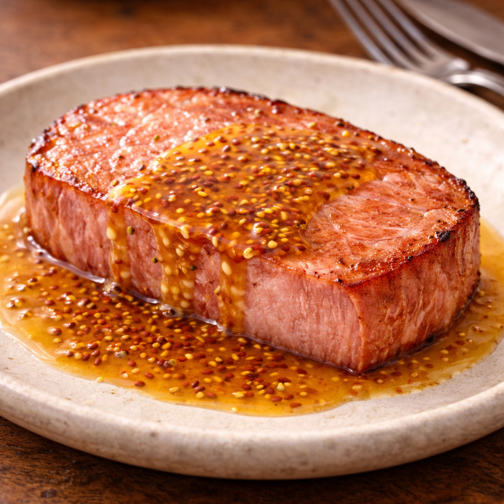 Thick-cut ham steak with honey mustard sauce