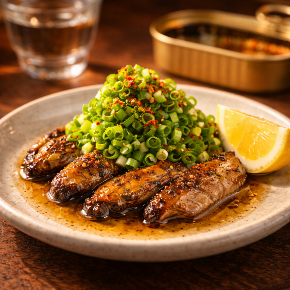 Canned food tsumami topped generously with green onion and chili
