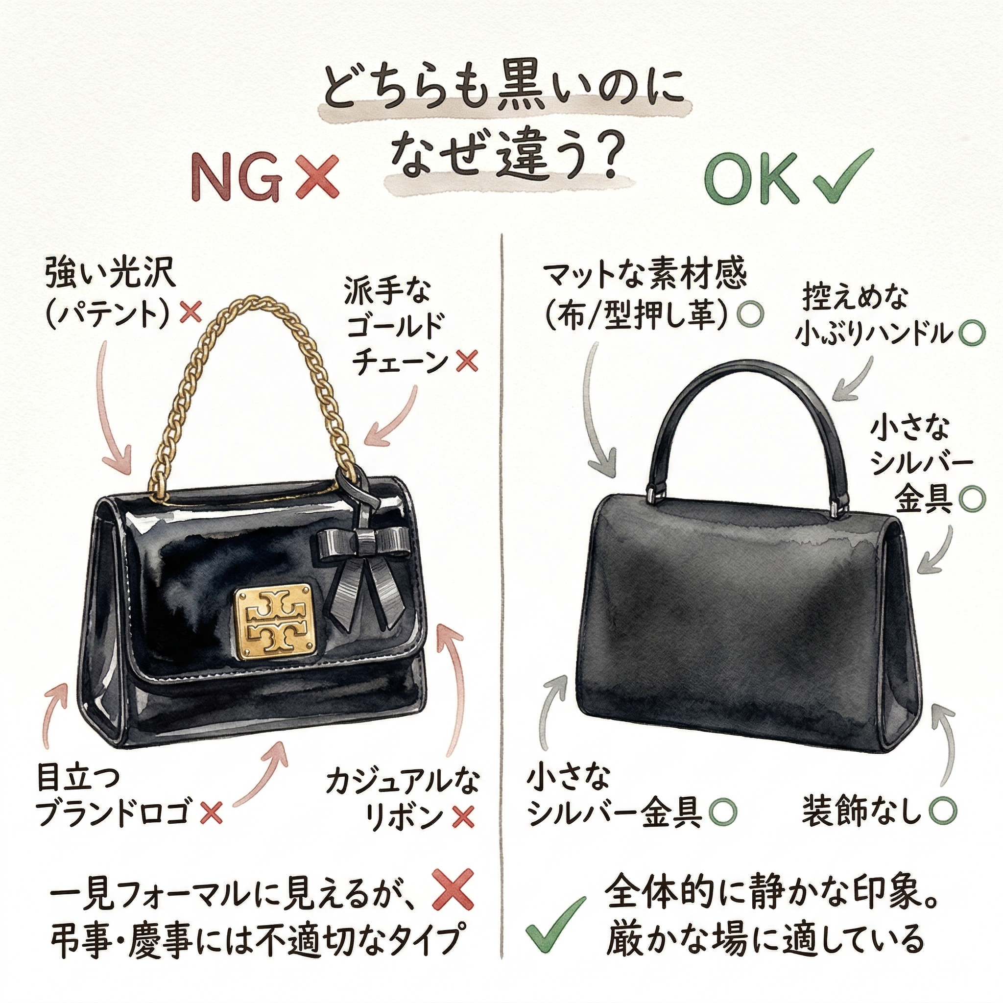 Wrong vs right formal bag examples: shiny hardware vs matte black, large vs compact