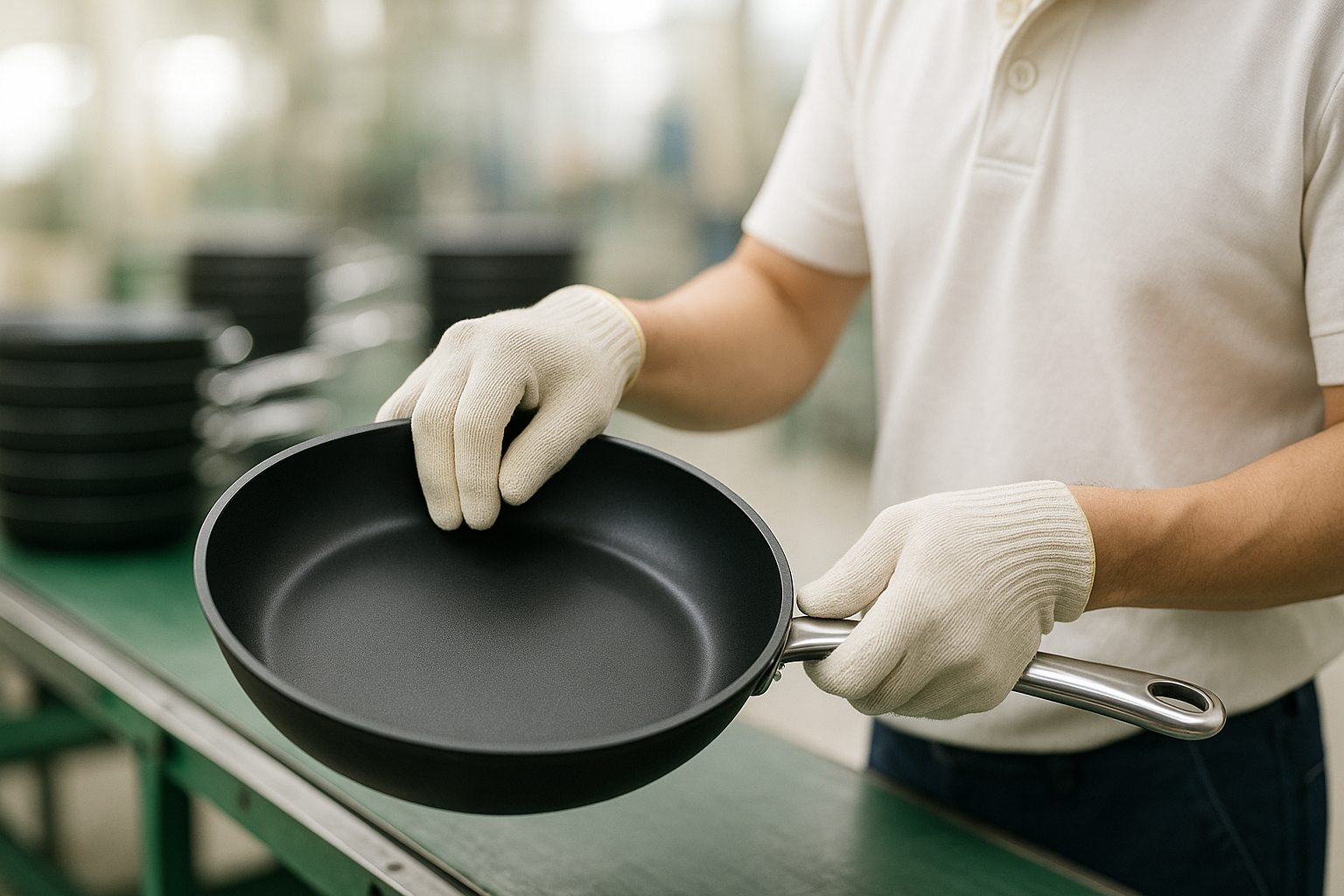 Japanese craftsman finishing a frying pan at a domestic factory, showing the precision manufacturing of Japanese cookware
