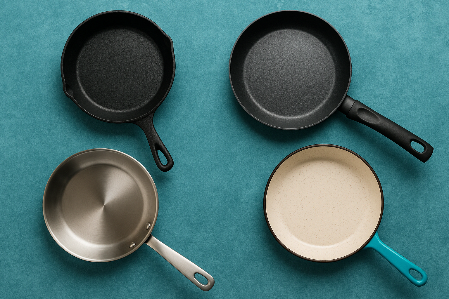 Side-by-side comparison of aluminum, iron, and stainless Japanese frying pans showing different materials and construction