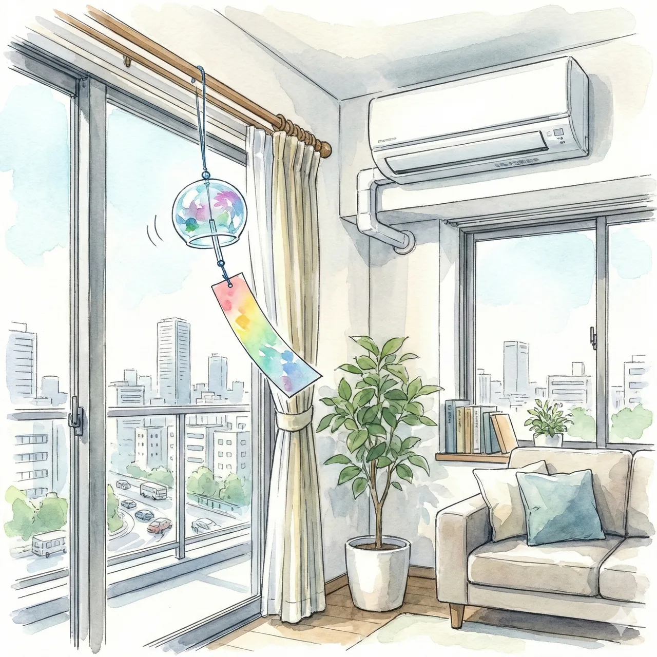 Illustration of a wind chime hanging near a window curtain rod or air conditioner indoors
